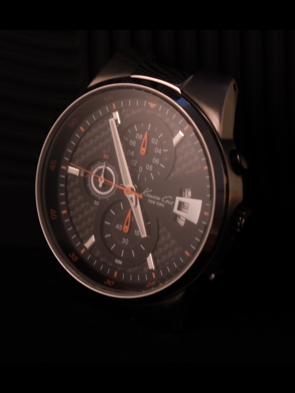 Kenneth Cole KC1504 Black Watch with Orange Accents and Carbon-Texture Dial